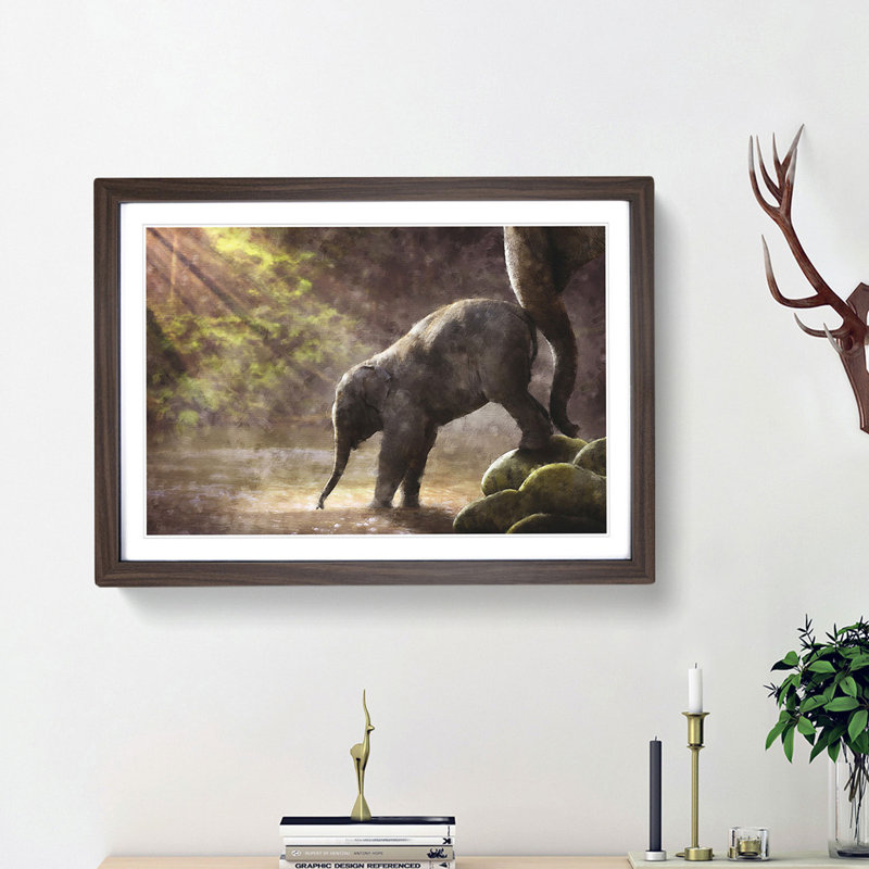Mother Elephant Encouraging Baby - Picture Frame Painting Print, 33cm H x 45cm W x 2cm D, Walnut Framed