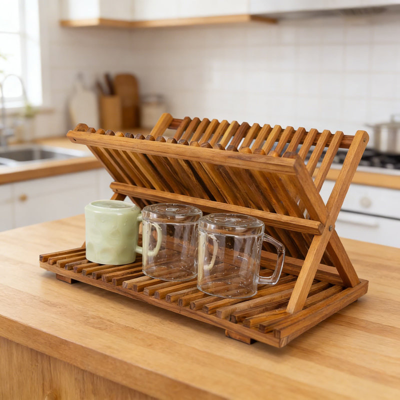 Large 3-Tier Collapsible Teak Dish Drying Rack, Wooden Countertop Organizer For Plates, Cups, Bowls With Foldable Space-Saving Design