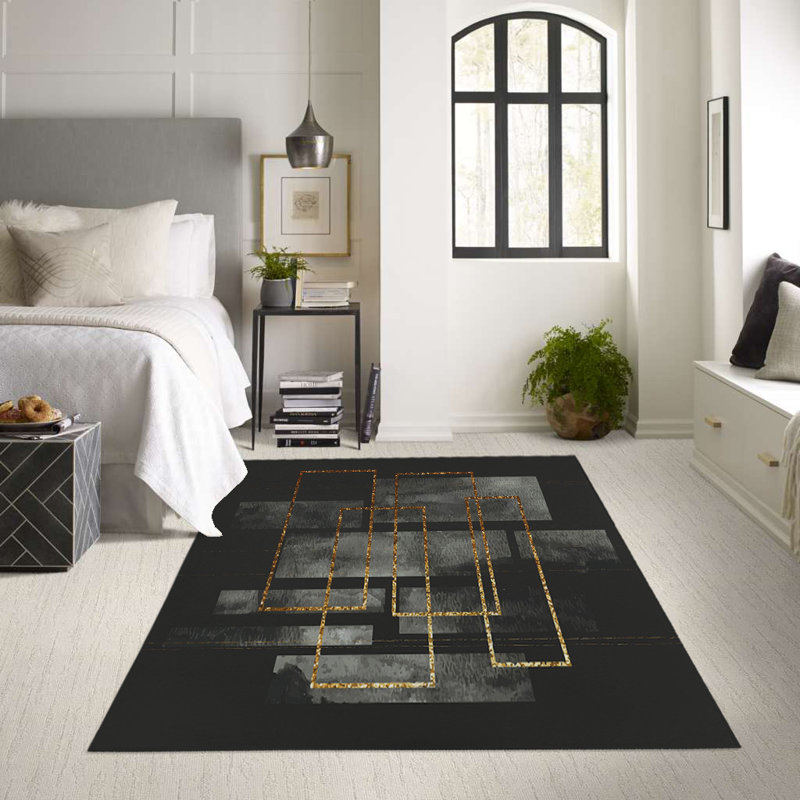 Tapis intérieur / extérieur rectangulaire en polyester tissé à la machine à motif abstrait gris / or / noir