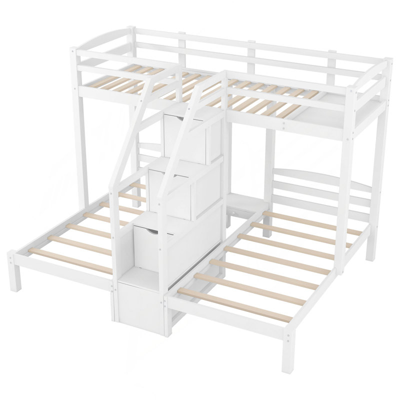 Triple lit superposé avec tiroirs, escalier avec rangement, tablettes intégrées, Blanc