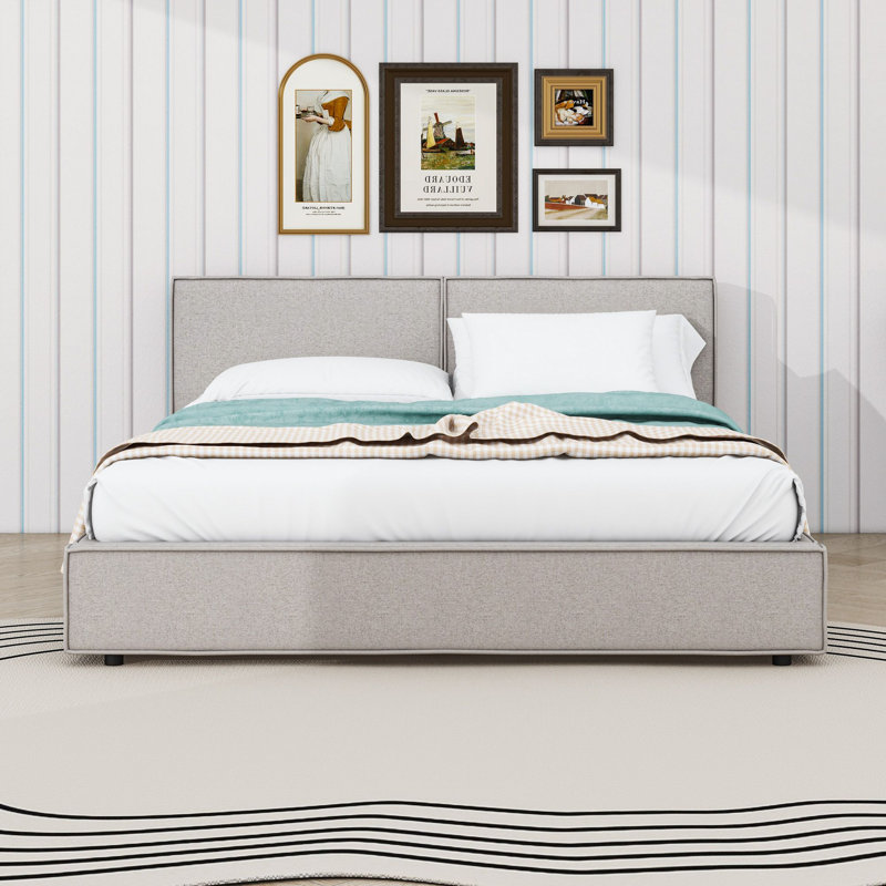 Grand lit plateforme tapissier avec tête de lit, pieds centraux et lattes de bois, Beige