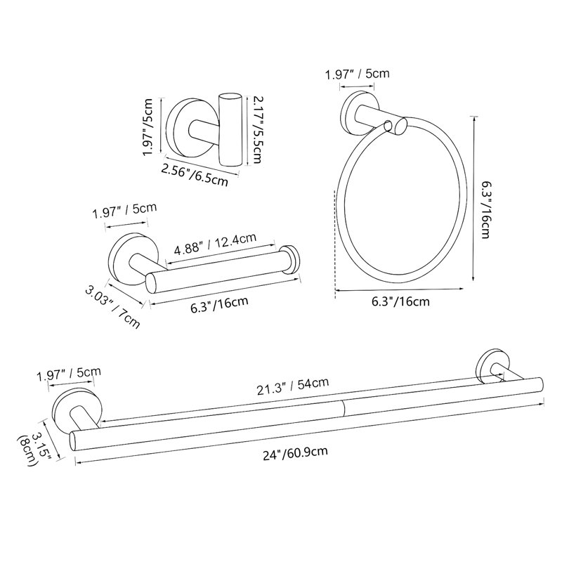 Wall Mounted 5-Pieces Bathroom Hardware Accessories Set, SUS304 Stainless Steel Bath Towel Bar Set, Round Towel Racks For Bathroom