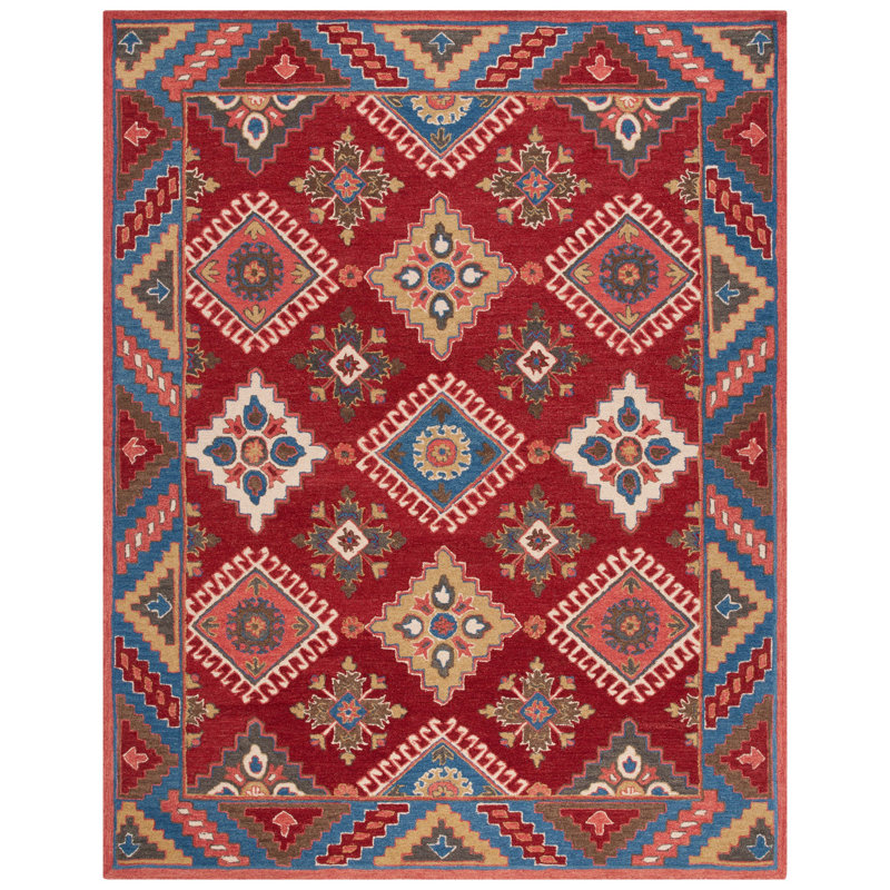 Vahakn Hand Tufted Wool/Cotton Southwestern Rug in Blue/Red, Rectangle 8' x 10'
