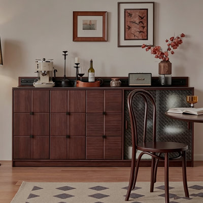78.74" Vintage Mid-Century Style Pine Wood Sideboard, Tea Cabinet with Sliding Glass Doors, Living Room Drawer Storage Cabinet