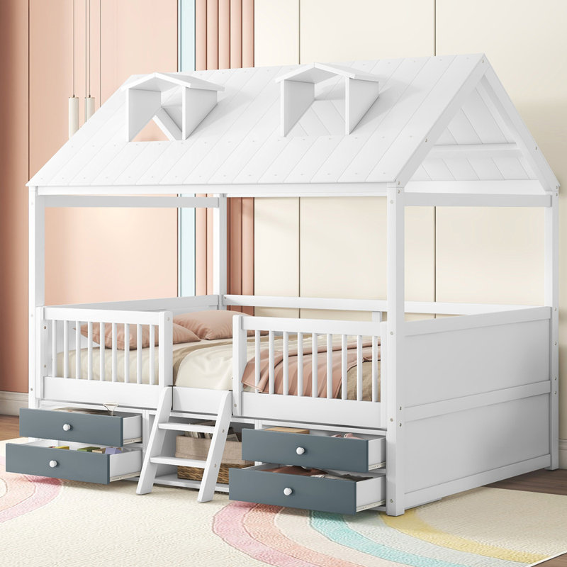 Structure de lit double en bois pleine grandeur, blanc, White