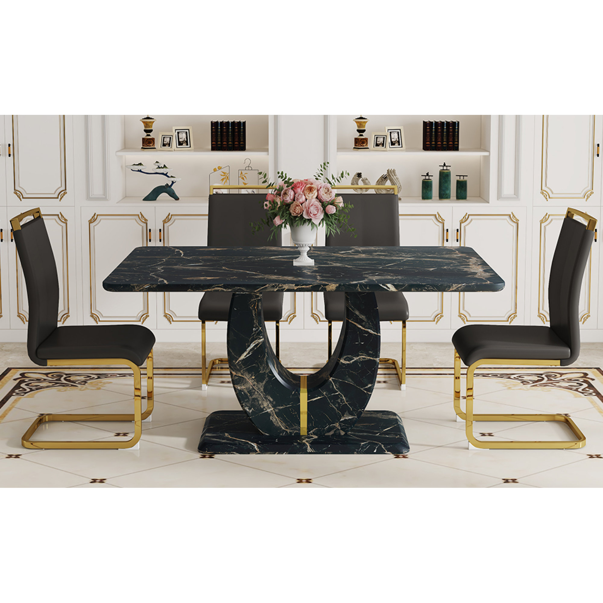 Bluesofa Black marble pattern mdf dining table - 63"x37" with 4 black ...