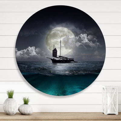 " Fisher Boat on the Lake During Full Moon " Graphic Art Print