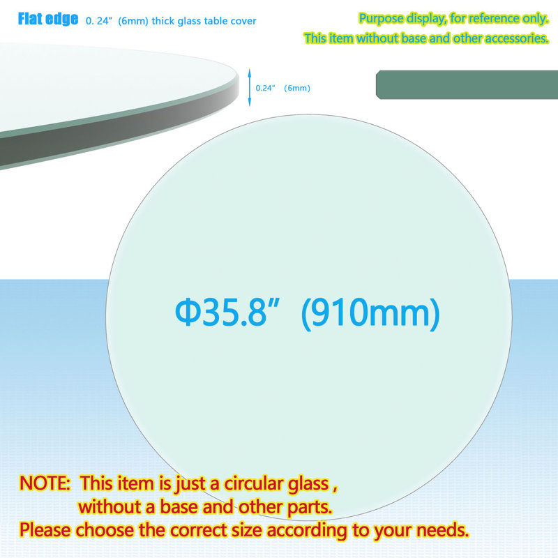 Plateau de table rond en verre trempé de 30 po, verre transparent à bord plat de 0,24 po (6 mm) d'épaisseur