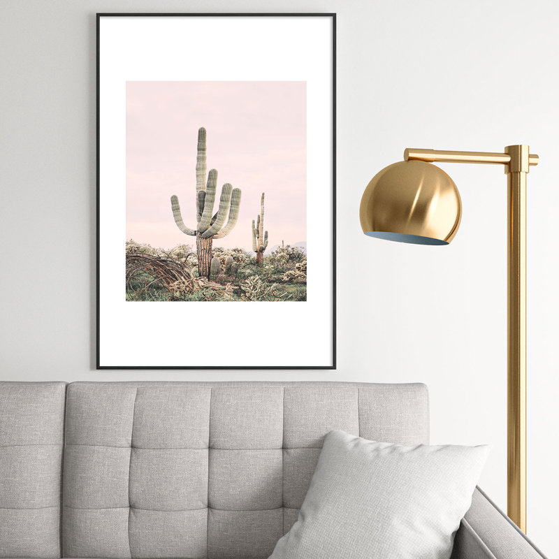 Cactus rose pastel encadré sur papier, Noir, H 36 po x l 24 po