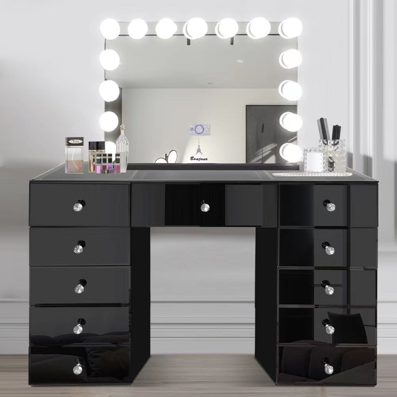 Coiffeuse Hollywood avec miroir, Noir, H 27 x l 31,5