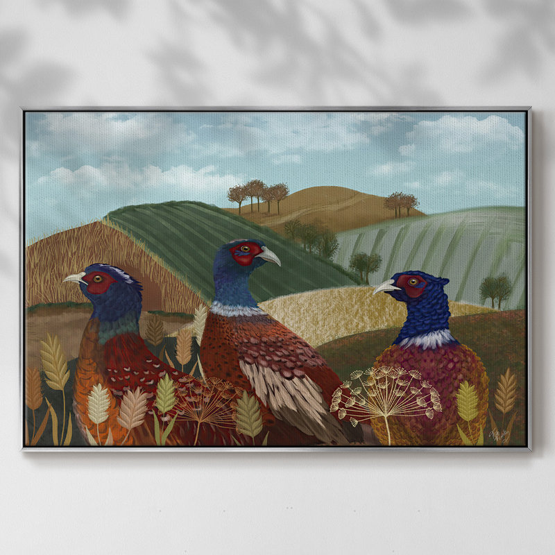 «Pheasant Trio in Field», reproduction sur toile flottante, H 17 po x l 25 po x P 2 po, Toile argentée avec cadre flottant