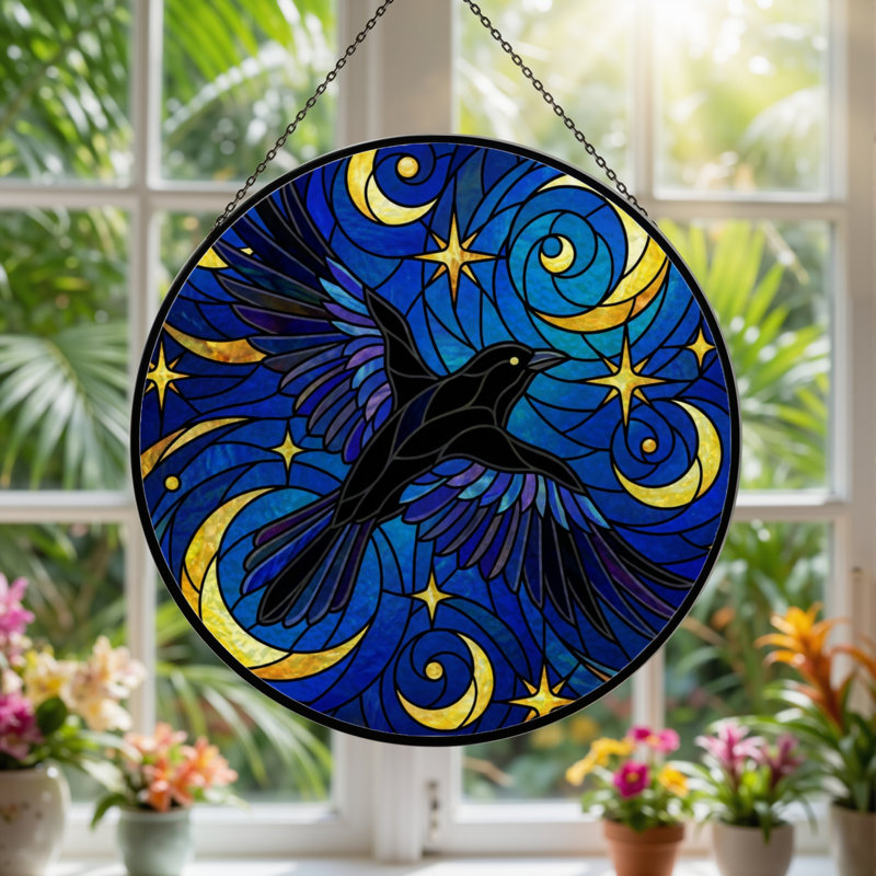 7.8"H Night Sky Stained Glass Window Panel, 7.8" H x 7.8" W