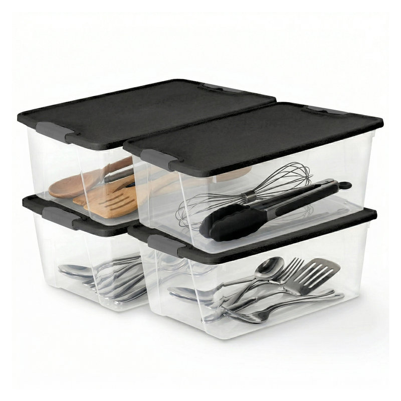 Homz Secure Latch Large Clear Stackable Storage Container w/ Lid, 15 quart, 4, Gray