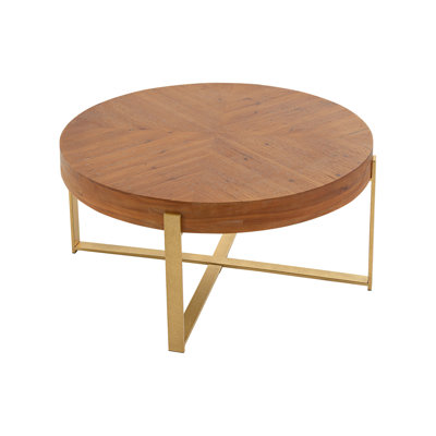 33.86" Modern Retro Splicing Round Coffee Table,Fir Wood Table Top With Gold Cross Legs Base