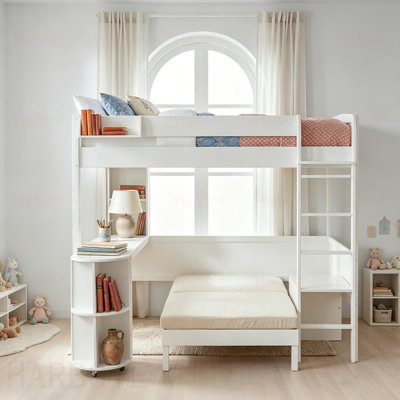 Full Size Wood Loft Bed with Desk, Bedside Storage Shelf, Sofa and Light,