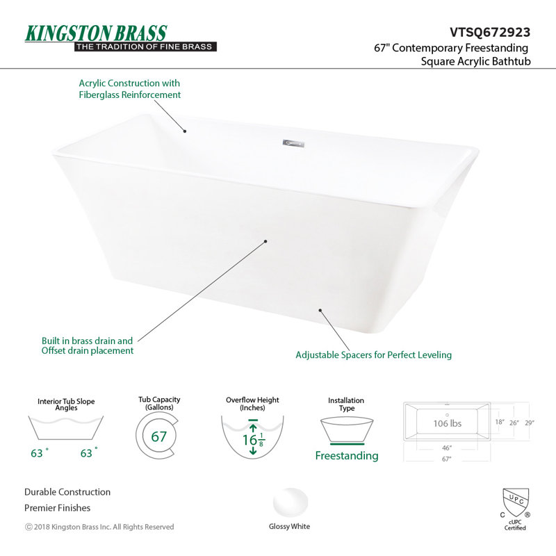 Kingston Brass Aqua Eden 67-Inch Acrylic Rectangular Double Ended Freestanding Tub with Drain