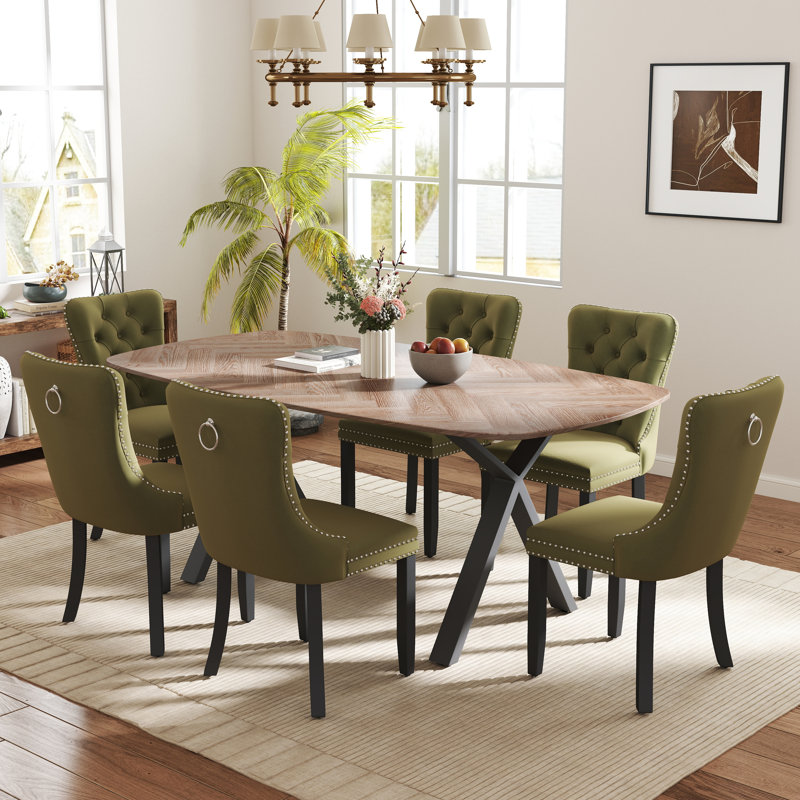 Rectangle Dining Set with Tufted Dining Chair, Olive Green, 29.5"H x 71"L x 35.4"W