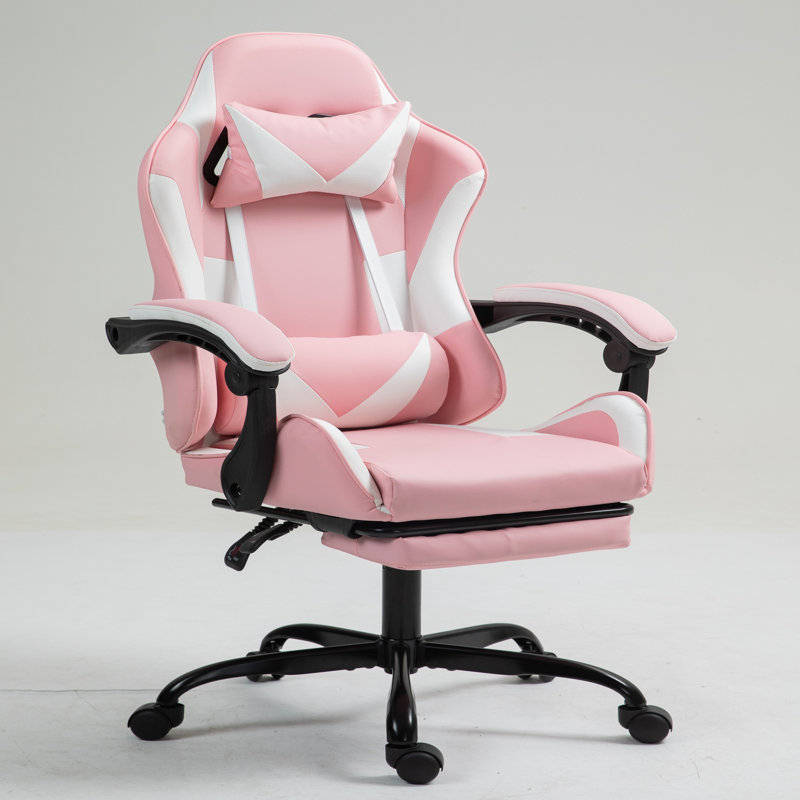 Ebern Designs Adjustable Reclining Ergonomic Faux Leather Swiveling PC & Racing Game Chair with Footrest, Black/Pink