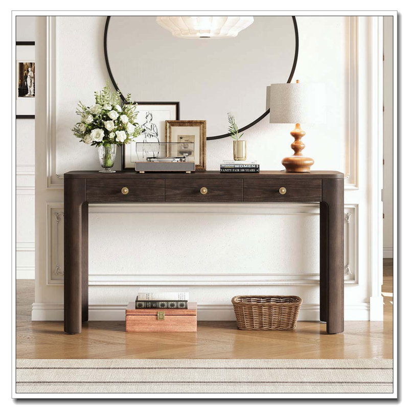 Console rustique avec coins arrondis pour la sécurité, table d'entrée avec 3 tiroirs dissimulés, Espresso