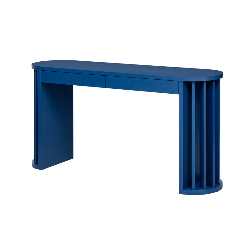 Console U_Style bleu marine de 59 pouces avec placage de chêne - Table d'entrée minimaliste avec pieds à nervures verticales et 2 tiroirs de rangement pour le couloir du salon