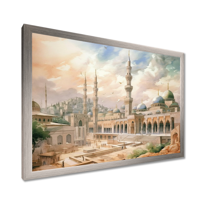 Mosquée religieuse The Mystets II - art mural, Cadre simple argenté, H 24 po x l 32 po x P 1 po