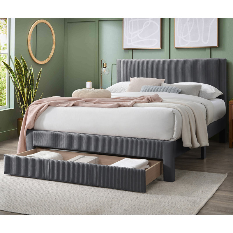 Cadre de lit plateforme contemporain en velours côtelé avec lit de rangement contemporain, Gris anthracite