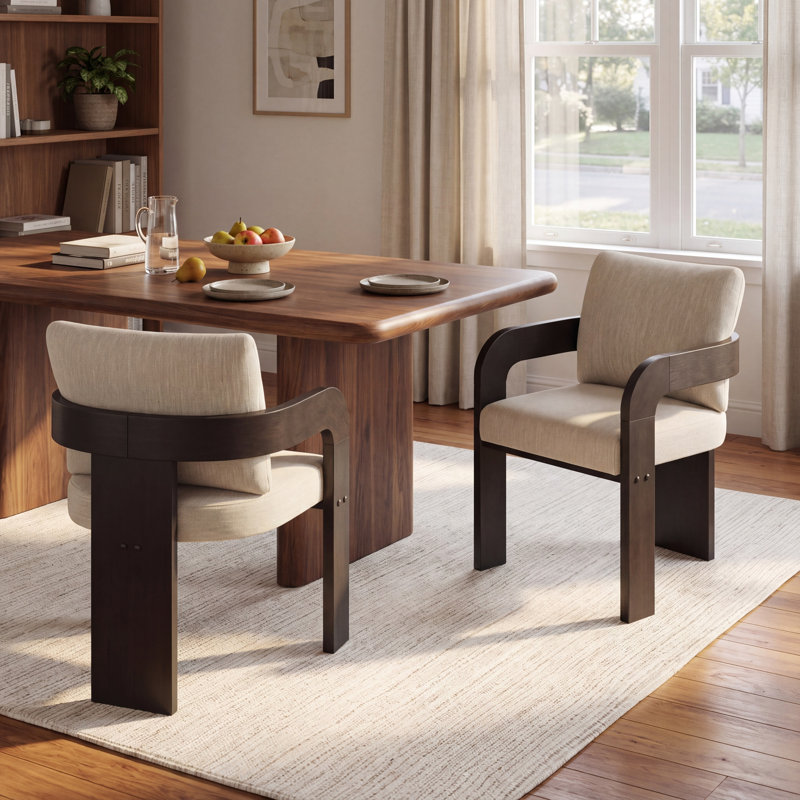 Demars Modern Rustic Upholstered Dining Chairs With Curved Arms, Beige, Black
