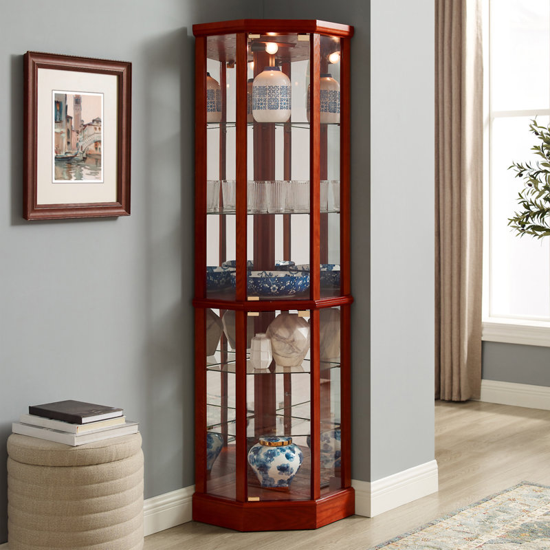6 Shelf Lighted Corner Curio Cabinet With Adjustable Tempered Glass Shelves And Mirror Back, Cherry