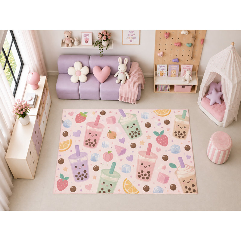 Tapis d'intérieur ultra mince 152 x 213 cm (5' x 7') à motifs de thé aux perles et de fruits, idéal pour la chambre d'enfant, la crèche, la chambre ou la salle de jeux. Doux et à poils courts, avec revêtement antidérapant en silicone.