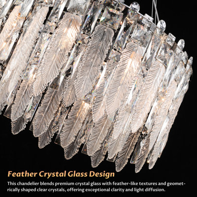 Lustre moderne rond en cristal à 10 lumières, doté d'une finition chromée et de verre K9 texturé comme une plume ; un grand luminaire réglable en hauteur (23,6 pouces) au style luxueux, adapté aux salles à manger, aux îlots de cuisine, aux salons et aux chambres principales.