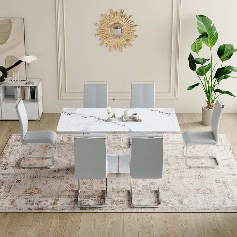 Ensemble de cuisine et salle à manger Modern, table de salle à manger en marbre avec chaises rembourrées, Gris léger / argent