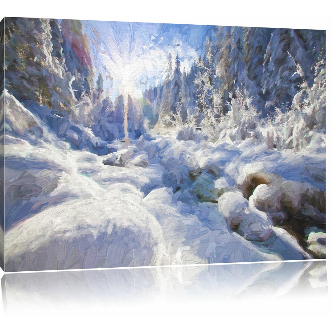 Leinwandbild "Sonnenstrahlen im schneebedeckten Wald", Grafikdruck