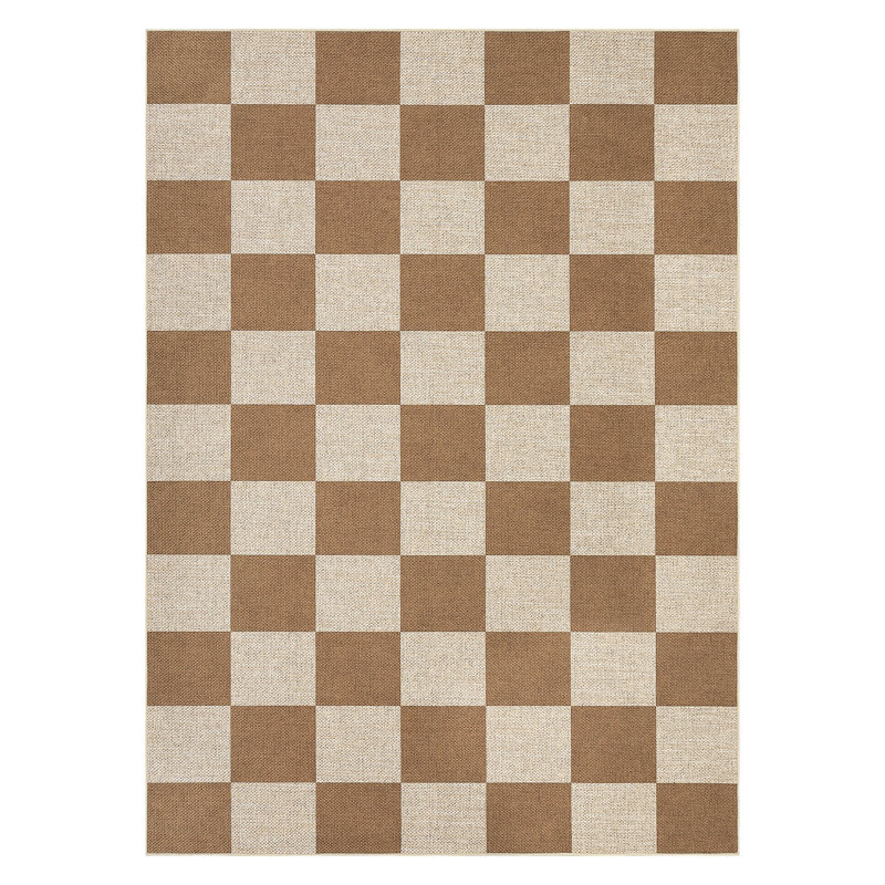 Modern Checkered Jute Area Rug - Washable, Non-Slip, Geometric Carpet for Living Room, Bedroom, Dining Room, Entryway - Indoor Outdoor, Mark Resistant -  Brown