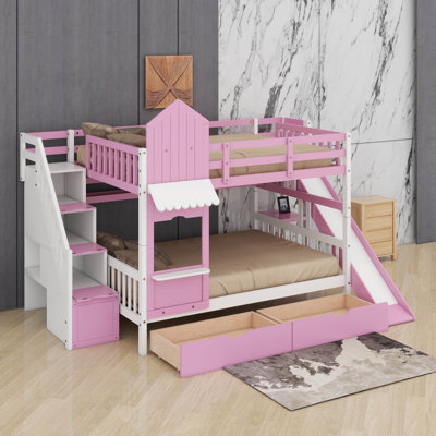 Lit superposé de style château double avec 2 tiroirs et 3 tablettes, structure de lit superposé en bois avec toboggan et escalier de rangement
