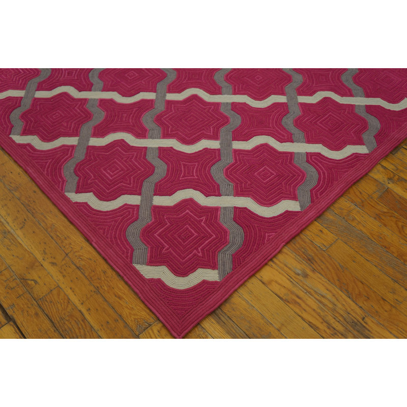 Tapis rose / gris en laine noué à la main de conception unique 6 pi x 9 pi