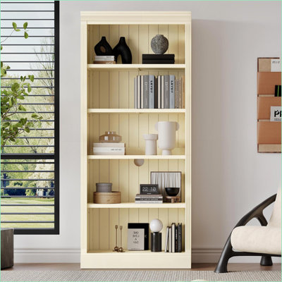 Bookshelf 5-Tier Modern 83.4” Tall with LED Light &amp; Adjustable Shelves | Beige + Cream Yellow | Solid Wood + MDF