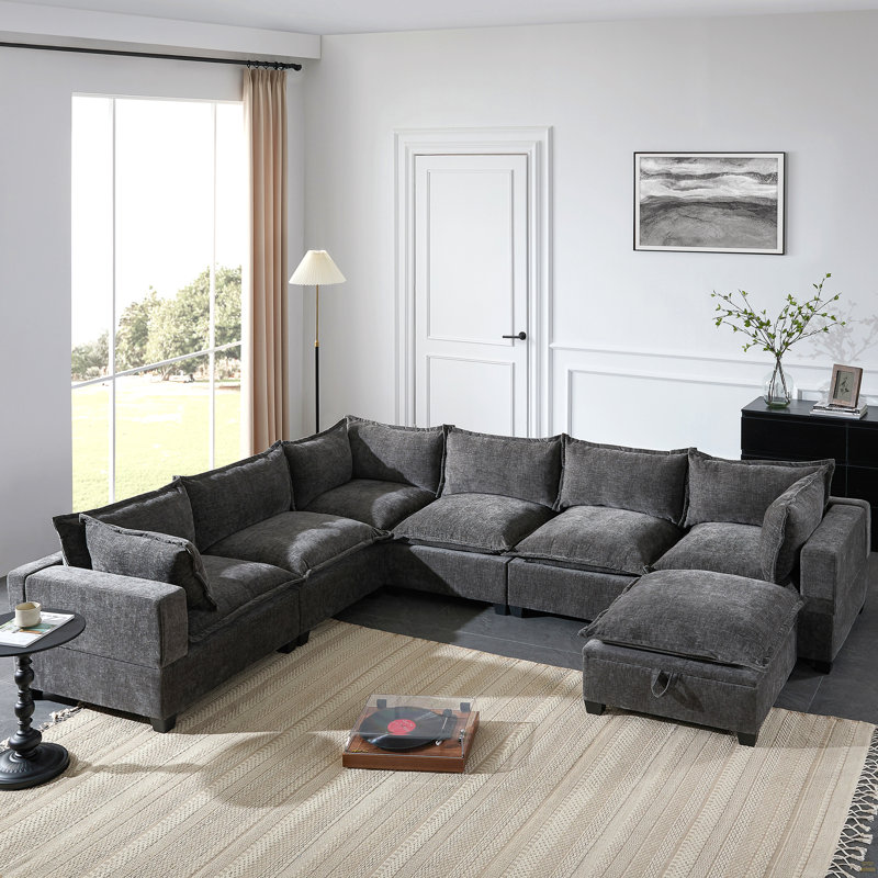 Canapé modulaire de 117,5 po avec repose-pieds mobile et rangement, siège 7 places, Gris