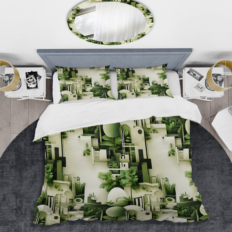 Cityscape Botanical Oasis - Ensemble de housse de couette géométrique, Housse de couette pour grand lit et 2 taies décor