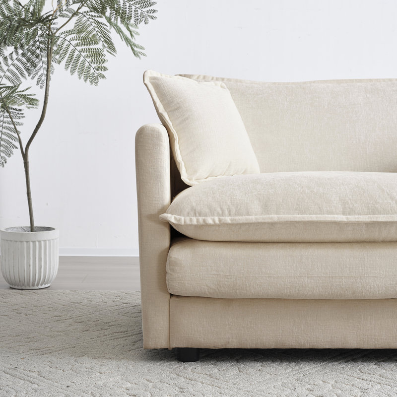 Fauteuil en chenille beige et - Structure en bois massif, tissu d'ameublement haut pour une assise confortable moderne avec du bois, tissu respirant, relax in style