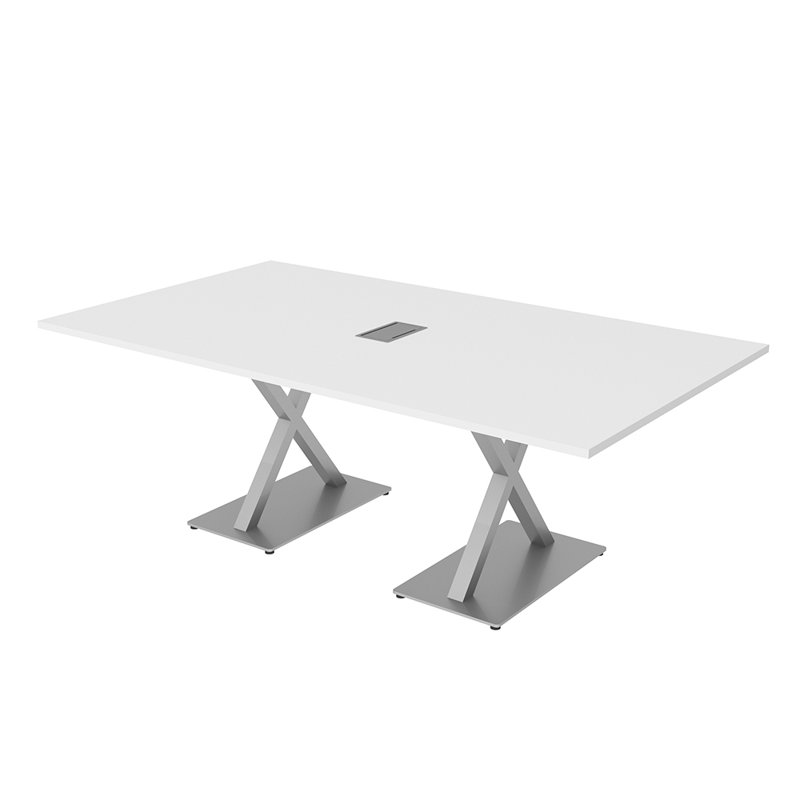 Table de conférence rectangulaire avec base en X en métal | Unité électrique, Blanc, L 84 po x l 48 po, Argent argent