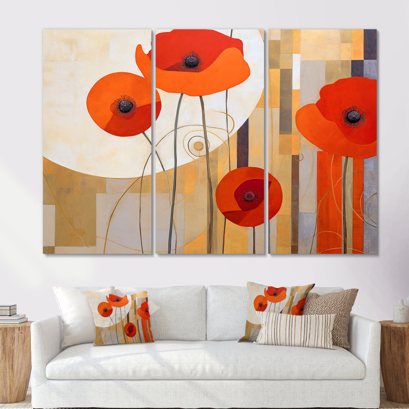 «Bold Orange Cubic Flowers», ensemble d'art mural sur toile géométrique, Toile tendue, H 32 po x l 48 po x P 1 po