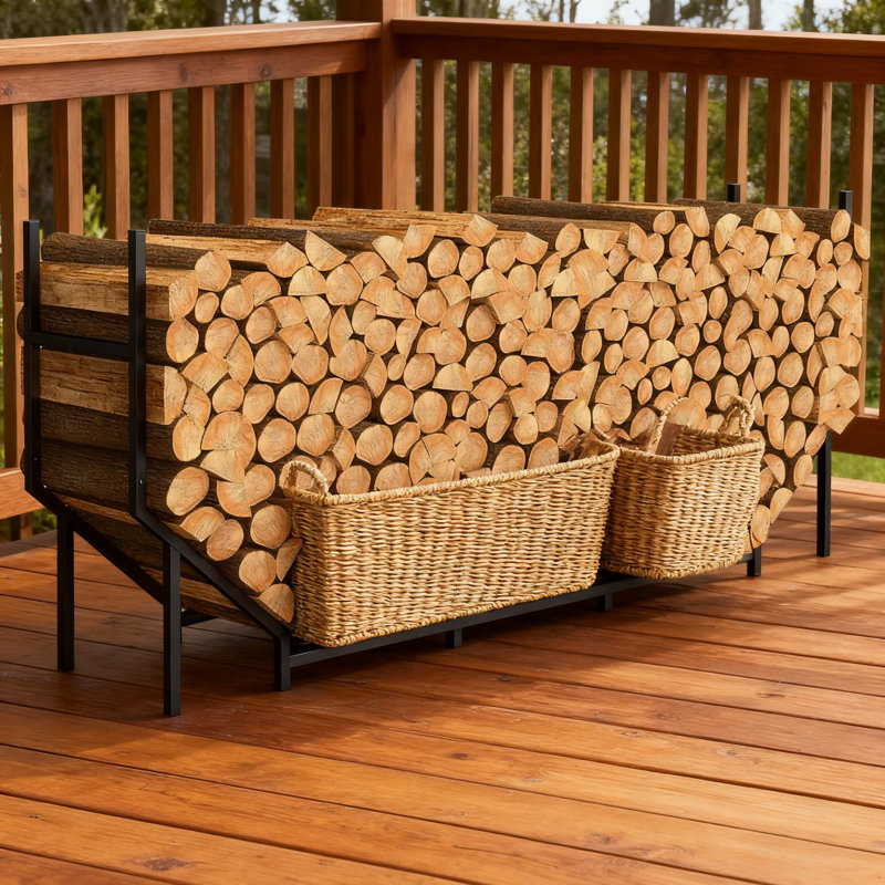 Support à bois de chauffage robuste avec conception réglable pour le rangement des bûches à l'intérieur et à l'extérieur, fabrication en métal robuste avec stabilité accrue et élargissement du fond