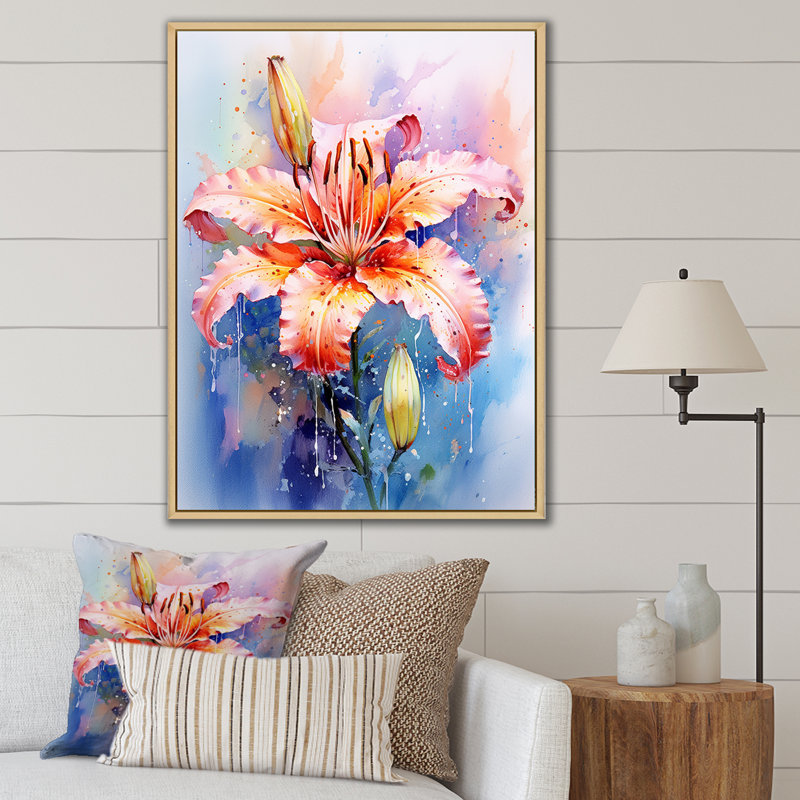 Aquarelle, fleur de lys corail, tranquillité I - impression, Cadre naturel flottant, H 20 po x l 12 po x P 1 po