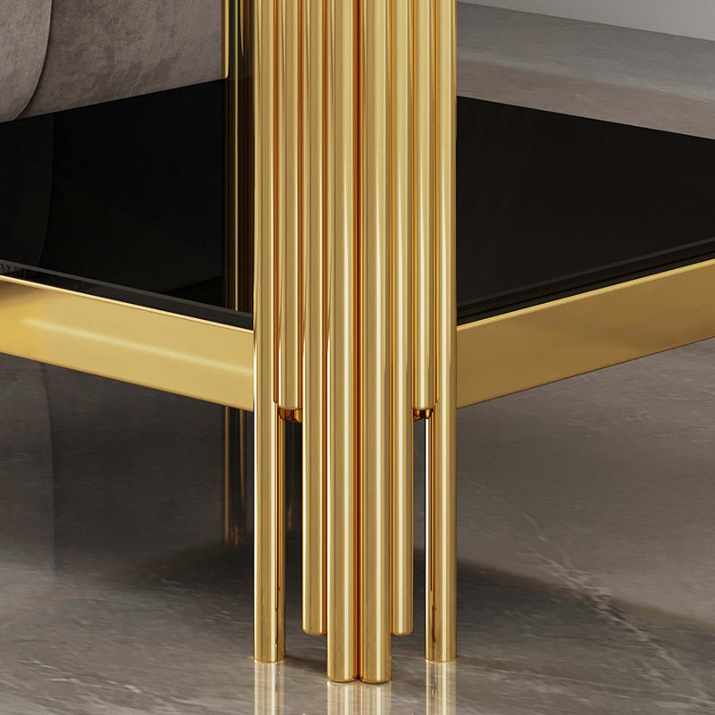 Table de bout en verre trempé à double couche supérieure et inférieure avec cadre en acier inoxydable à finition miroir
