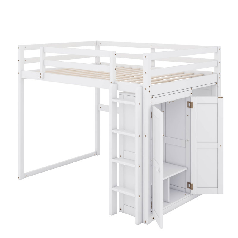 Lit mezzanine double en bois avec garde-robe, tablettes et lumière DEL, Blanc