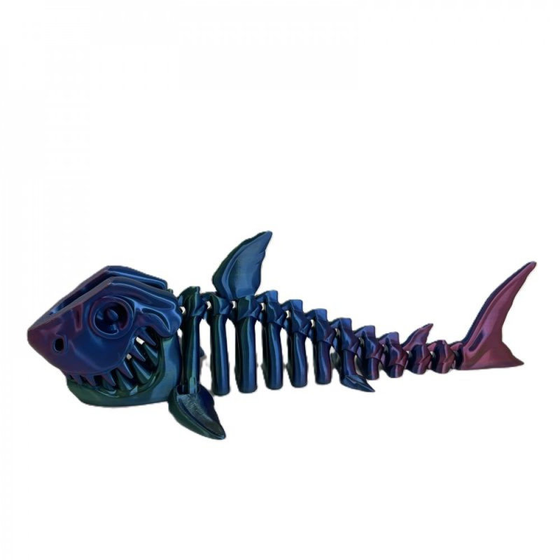 3D Printed Headed Shark Skeleton Figurine, 4.5" H x 1.5" W x 14" D, Blue/Green/Burgundy