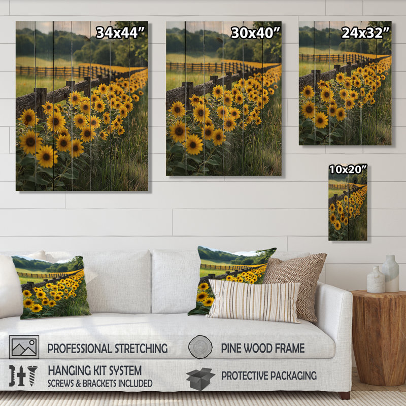 Sunflowers Garden Meadows By The Horse House - Sunflowers Wood Wall Decor - On Natural Pine Wood, 32" H x 24" W x 0.78" D