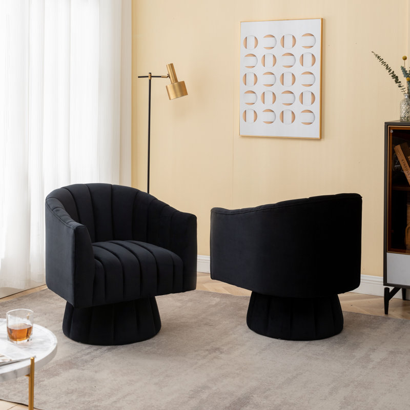 Fauteuil demi-tonneau pivotant en velours capitonné de 28 pouces de largeur Murrow, Velours noir