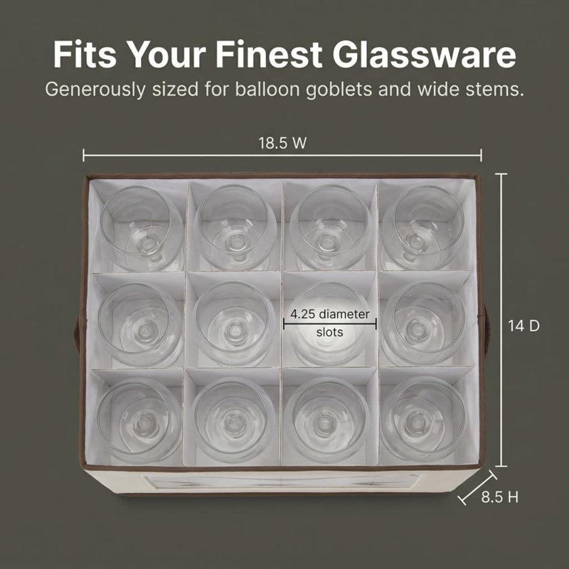 Wine Glass Storage Box in Strong Frame, Handles, Windowed Panel and 12 Compartments, Cream with Brown Trim