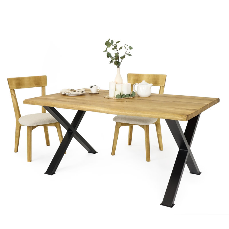 Lamia Oak Solid Wood Top Metal Base Dining Table, Brown, 75cm H x 90cm W x 200cm L